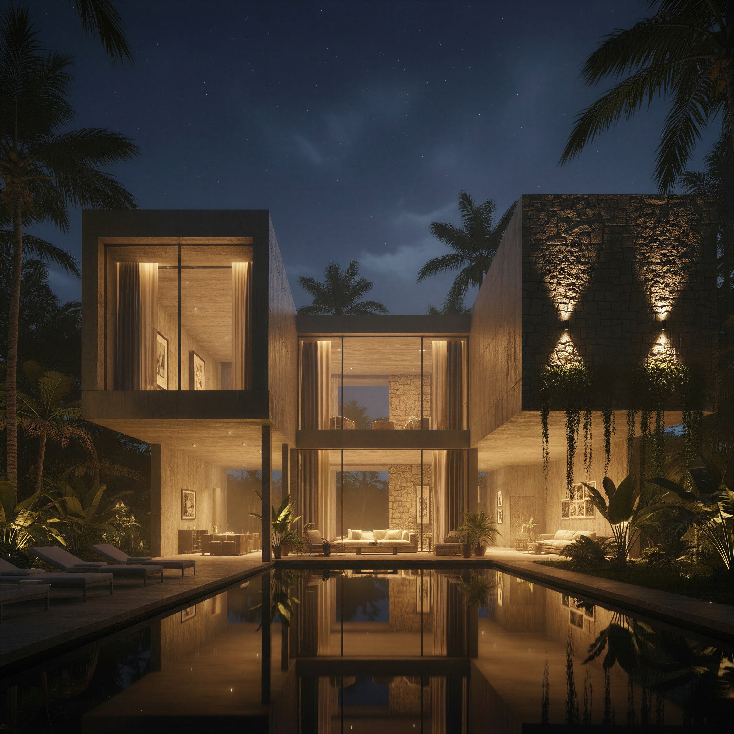 Villa Estrella by PILOTUM Studio at night — concrete, stone and teak among palms